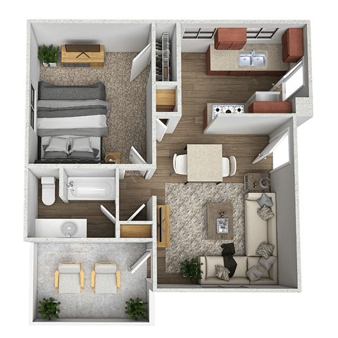 Floor plan for 1 bed, 1 bath, 676 sqft
